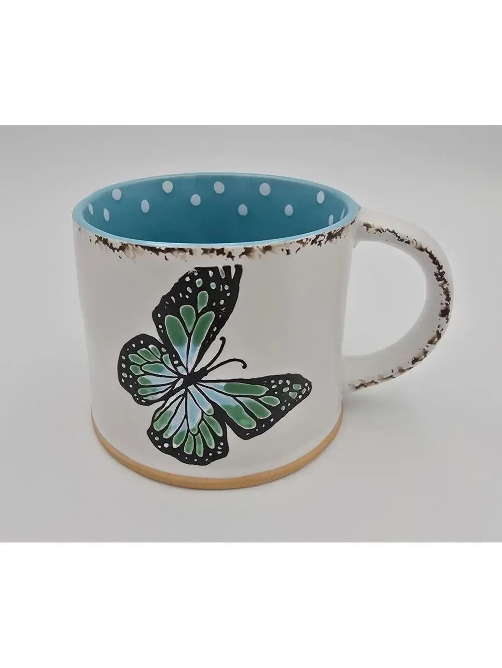 Spectrum Designz Butterfly Mug Blue Polka Dot Ceramic Coffee Tea Cup 17 oz